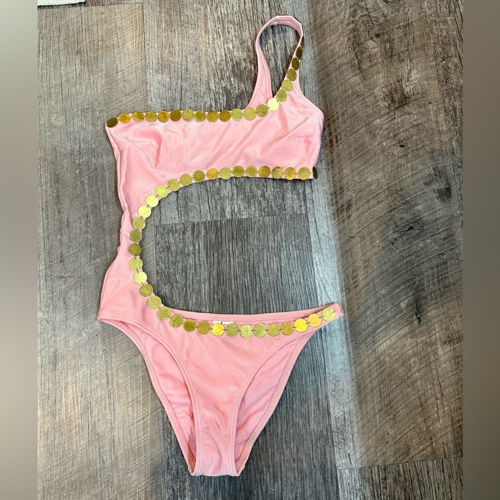 Vix Pink One-Shoulder Cutout One-Piece with Gold Disc Trim